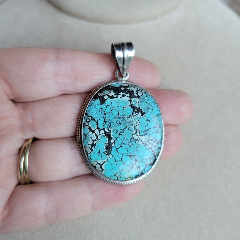 Vintage Sterling Silver Spiderweb Turquoise Oval Pendant Blue Southwestern